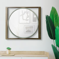 Round Wall Mirror with Rectangular Wooden Frame, Brown - UPT-247266