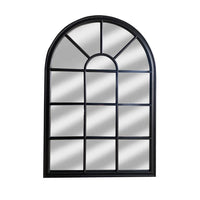 52 Inch Wood Wall Hanging Mirror, Window Pane Design, Arched Top, Black - UPT-247268