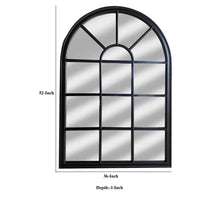 52 Inch Wood Wall Hanging Mirror, Window Pane Design, Arched Top, Black - UPT-247268