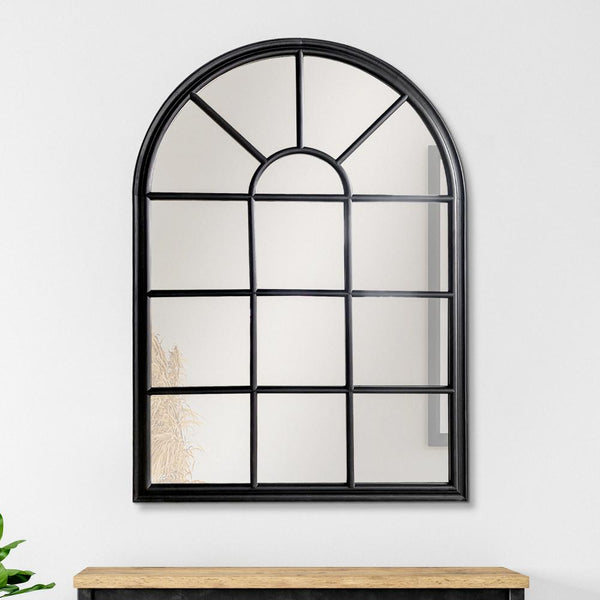 52 Inch Wood Wall Hanging Mirror, Window Pane Design, Arched Top, Black - UPT-247268