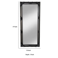 Wooden Frame Floor Mirror, Floral Carvings, Molded Details, Black  - UPT-247269