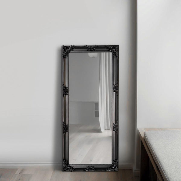 Wooden Frame Floor Mirror, Floral Carvings, Molded Details, Black  - UPT-247269