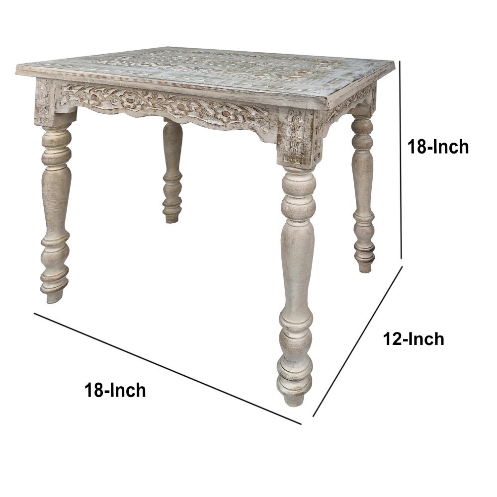 Wooden Side Table with Carved Rectangular Top and Turned Legs, Antique White - UPT-248150