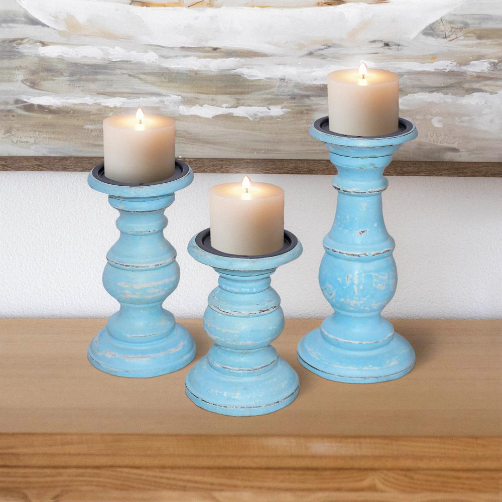 Wooden Candleholder with Turned Pedestal Base, Set of 3, Distressed Blue - UPT-249273