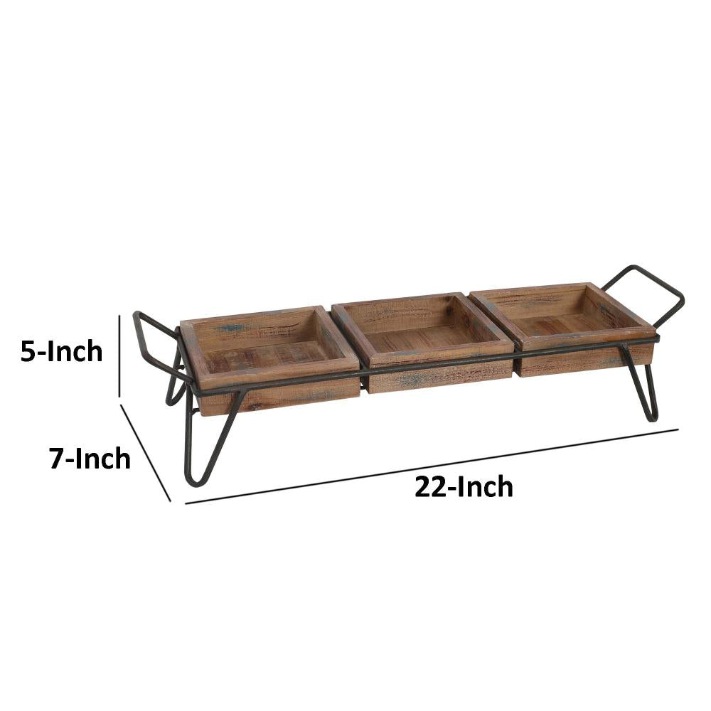 Artisinal Wood Serving Tray, 3 Seperate Sections and Metal Frame, Brown, Black - UPT-250431