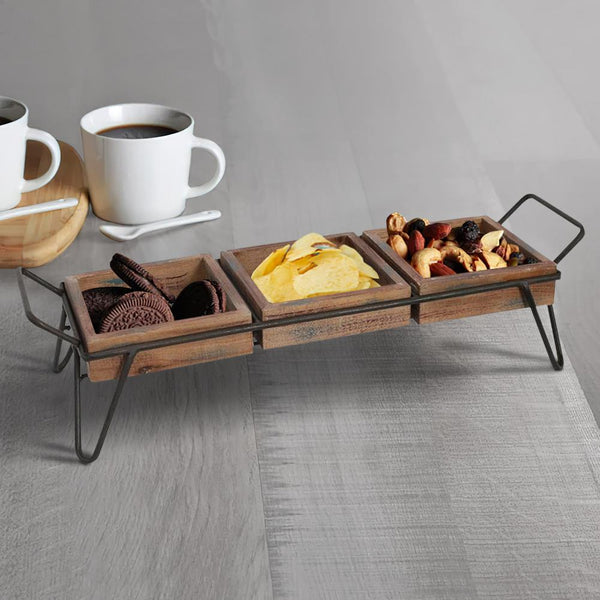 Artisinal Wood Serving Tray, 3 Seperate Sections and Metal Frame, Brown, Black - UPT-250431