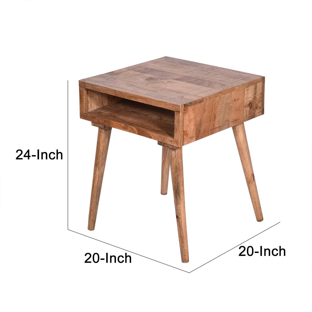 24 Inch Farmhouse Wooden Square End Table with Open Compartment, Oak Brown - UPT-250803