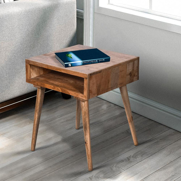 24 Inch Farmhouse Wooden Square End Table with Open Compartment, Oak Brown - UPT-250803