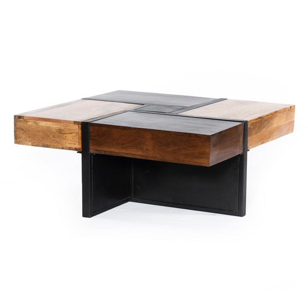 36 Inch Handcrafted Square Mango Wood Coffee Table, Iron Frame, Cherry, Natural, Black - UPT-262403