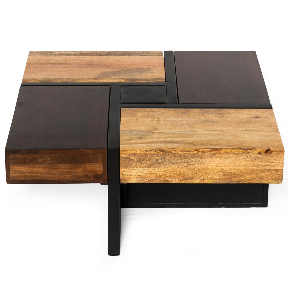 36 Inch Handcrafted Square Mango Wood Coffee Table, Iron Frame, Cherry, Natural, Black - UPT-262403