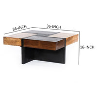 36 Inch Handcrafted Square Mango Wood Coffee Table, Iron Frame, Cherry, Natural, Black - UPT-262403