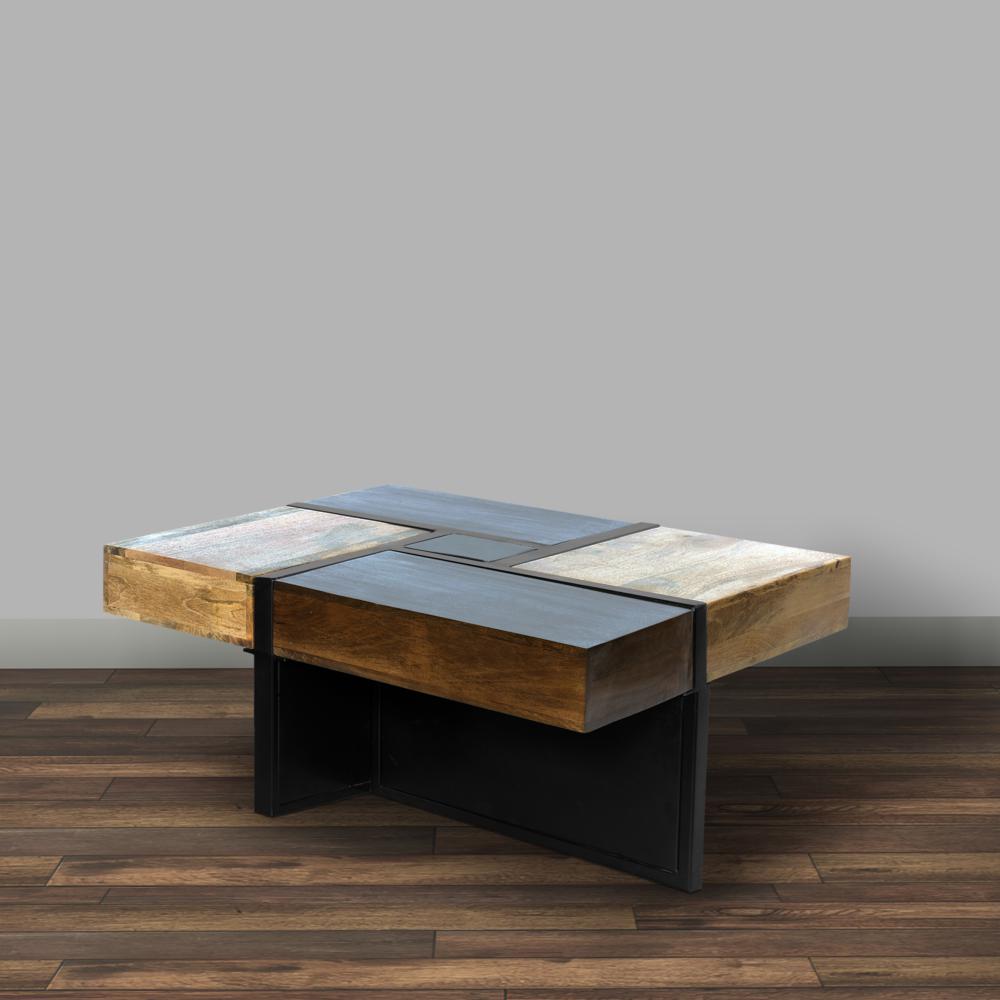 36 Inch Handcrafted Square Mango Wood Coffee Table, Iron Frame, Cherry, Natural, Black - UPT-262403