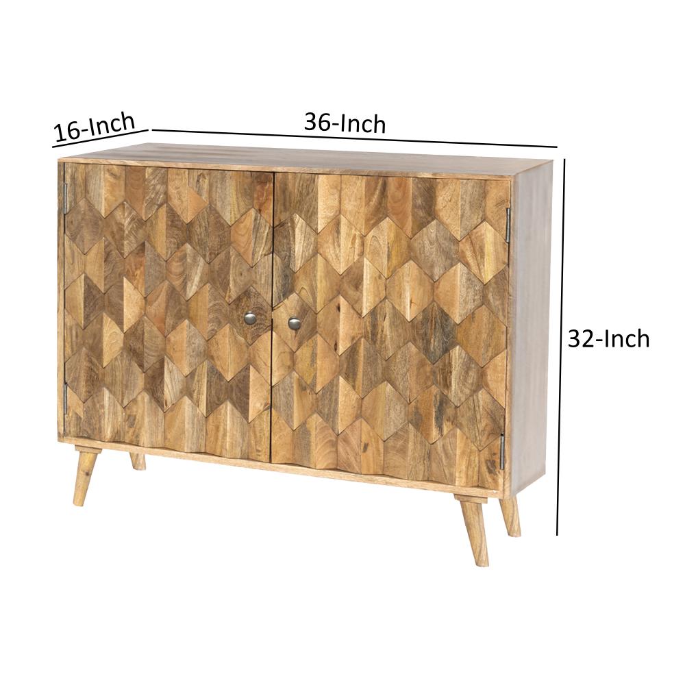 36 Inch Handcrafted Accent Cabinet, 2 Honeycomb Inlaid Doors, Mango Wood, Natural Brown - UPT-262406