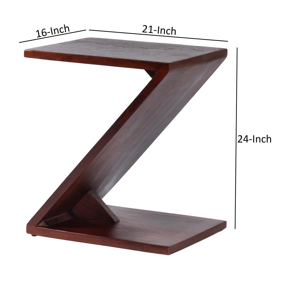 24 Inch Rectangular Mango Wood Side Table, Z Shaped Frame, Dark Brown - UPT-262409