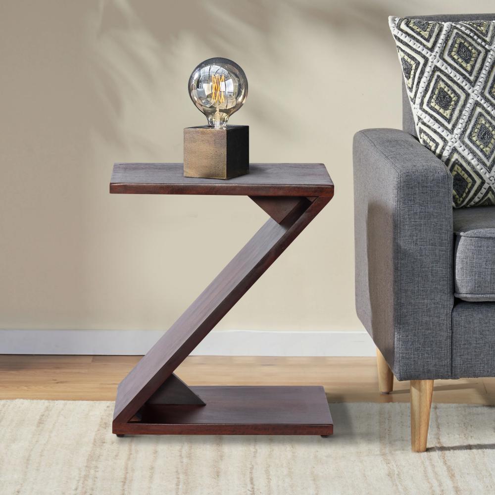 24 Inch Rectangular Mango Wood Side Table, Z Shaped Frame, Dark Brown - UPT-262409