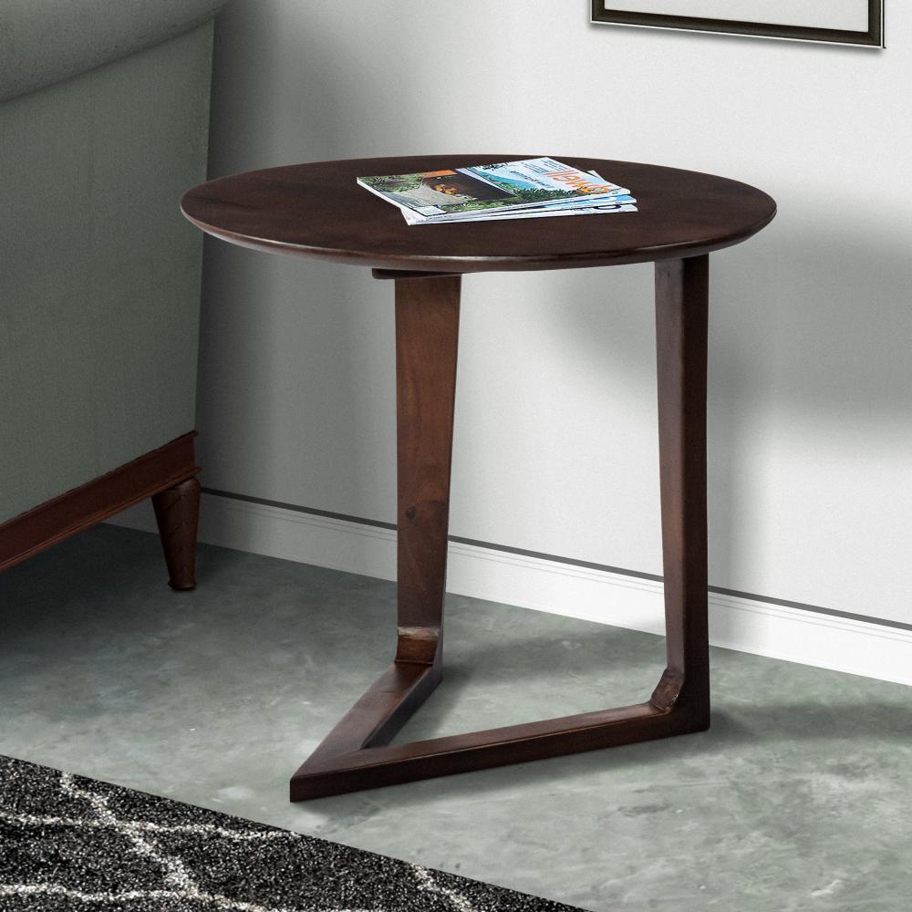 Mango Wood Round Side Table with  and Cantilever Base, Brown - UPT-262411