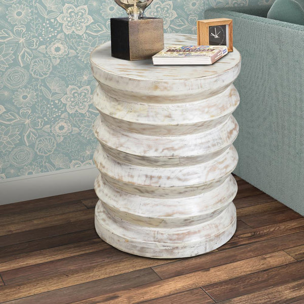 Round End Table with Spring Design Wooden Frame and Round Top, Washed White - UPT-263259