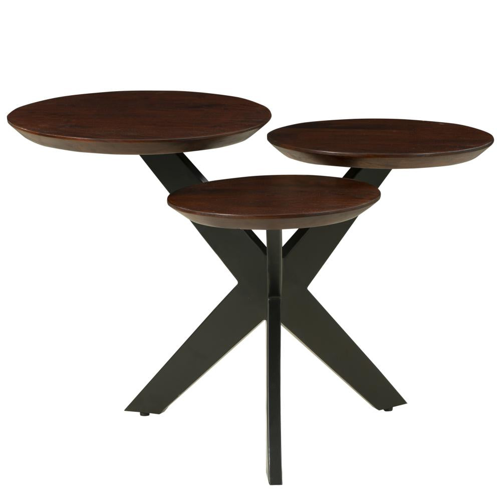 Modern Coffee Table with 3 Tier Wooden Top and Boomerang Legs, Brown and Black - UPT-263263