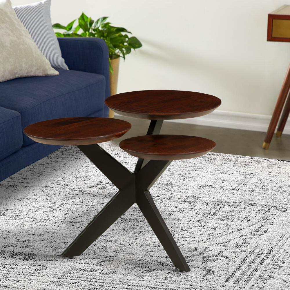 Modern Coffee Table with 3 Tier Wooden Top and Boomerang Legs, Brown and Black - UPT-263263