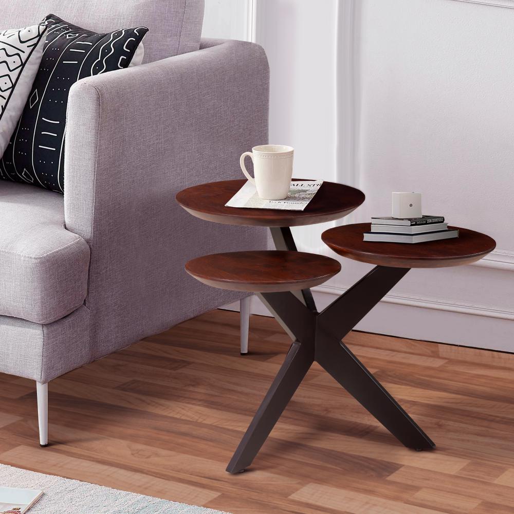 Modern Coffee Table with 3 Tier Wooden Top and Boomerang Legs, Brown and Black - UPT-263263