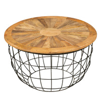 Round Mango Wood Coffee Table with Wooden Top and Nesting Basket Frame, Brown and Black - UPT-263265