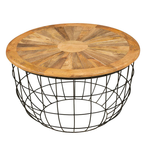 Round Mango Wood Coffee Table with Wooden Top and Nesting Basket Frame, Brown and Black - UPT-263265