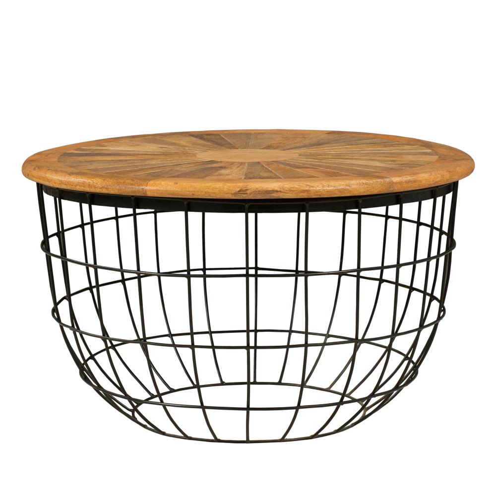 Round Mango Wood Coffee Table with Wooden Top and Nesting Basket Frame, Brown and Black - UPT-263265