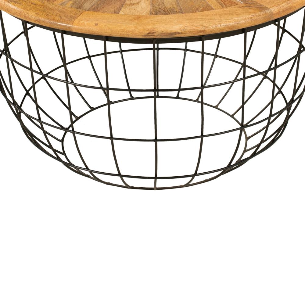 Round Mango Wood Coffee Table with Wooden Top and Nesting Basket Frame, Brown and Black - UPT-263265