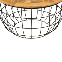 Round Mango Wood Coffee Table with Wooden Top and Nesting Basket Frame, Brown and Black - UPT-263265