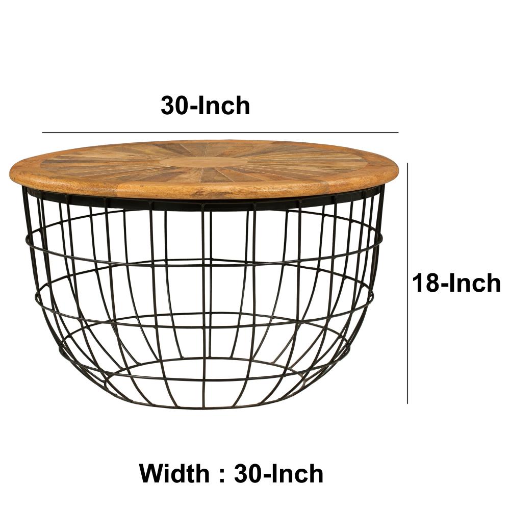 Round Mango Wood Coffee Table with Wooden Top and Nesting Basket Frame, Brown and Black - UPT-263265