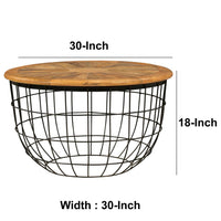 Round Mango Wood Coffee Table with Wooden Top and Nesting Basket Frame, Brown and Black - UPT-263265