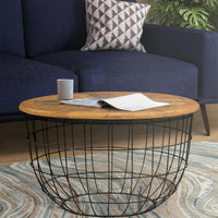 Round Mango Wood Coffee Table with Wooden Top and Nesting Basket Frame, Brown and Black - UPT-263265