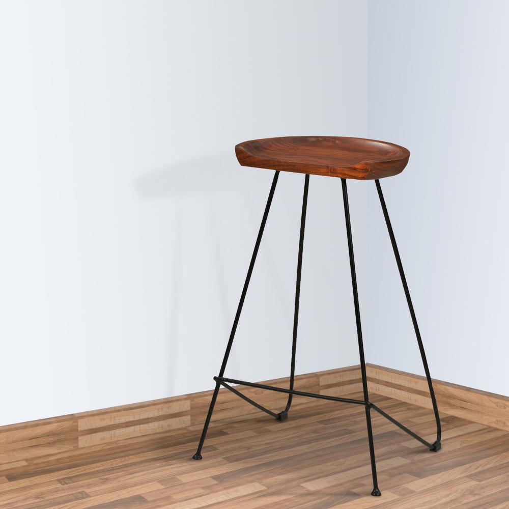 Counter Height Barstool with Wooden Seat and Tubular Metal Frame, Dark Brown and Black - UPT-263266