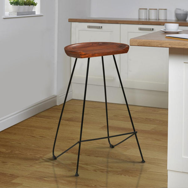 Counter Height Barstool with Wooden Seat and Tubular Metal Frame, Dark Brown and Black - UPT-263266