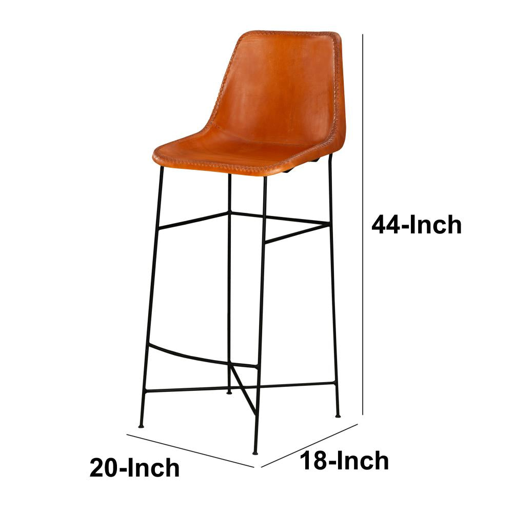 Bar Height Chair with Genuine Leather Upholstery, Tubular Frame, Tan Brown, Black - UPT-263267