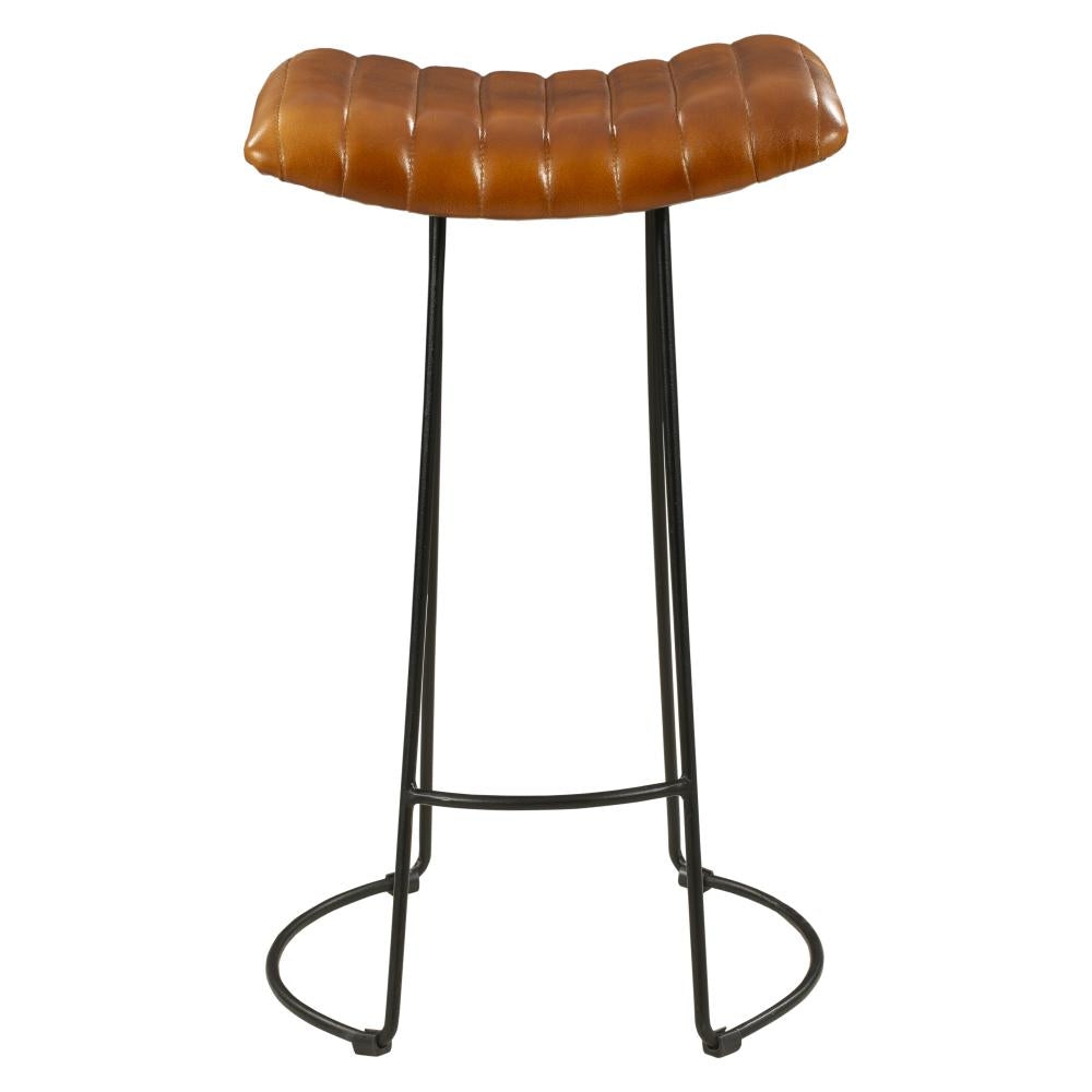 30 Inch Barstool with Curved Genuine Leather Seat and Tubular Frame, Tan Brown and Black - UPT-263270