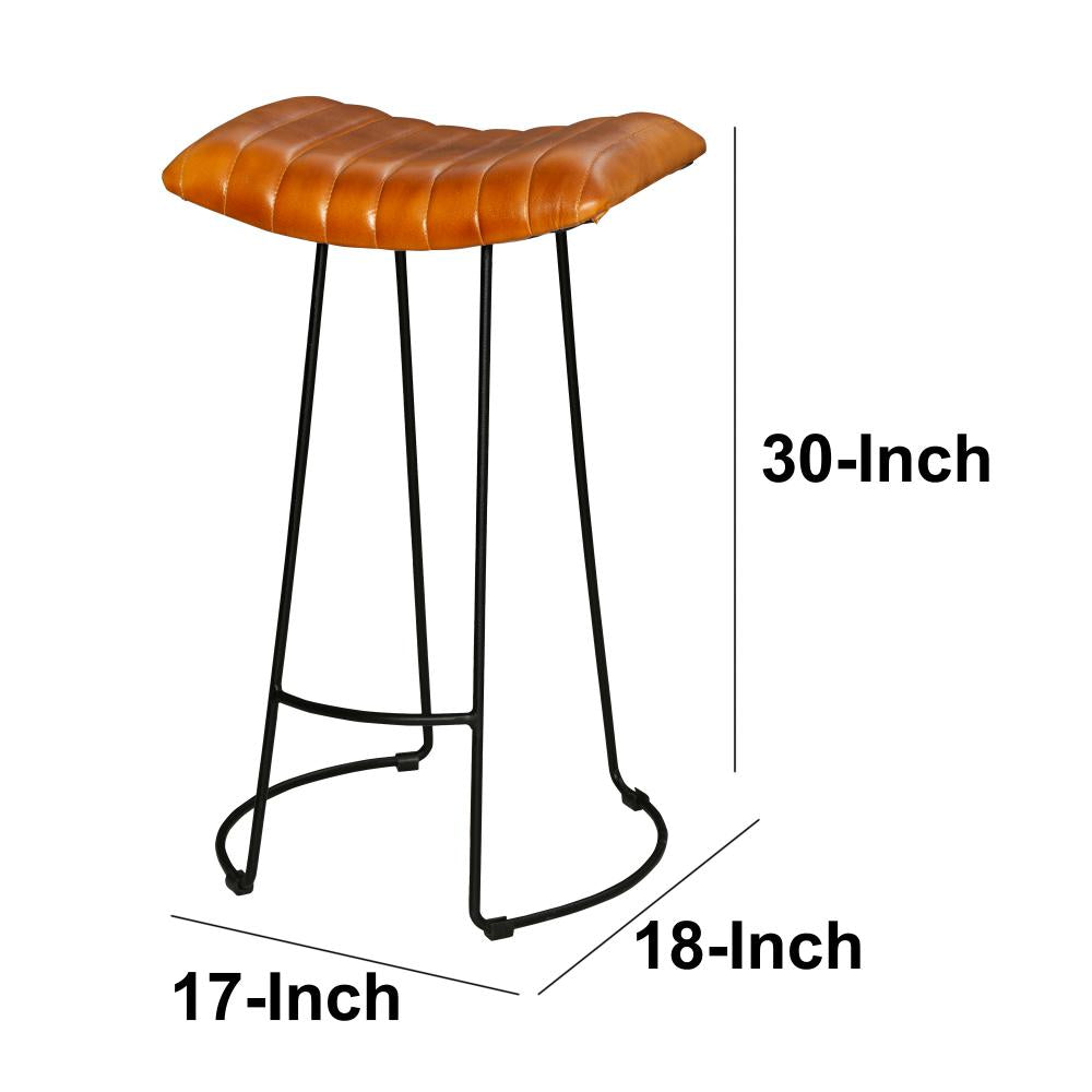 30 Inch Barstool with Curved Genuine Leather Seat and Tubular Frame, Tan Brown and Black - UPT-263270