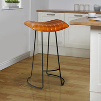 30 Inch Barstool with Curved Genuine Leather Seat and Tubular Frame, Tan Brown and Black - UPT-263270