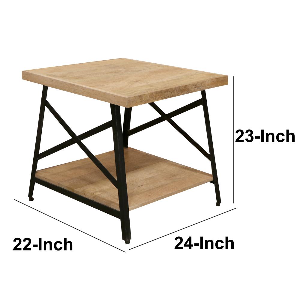 Rectangle Side Table with Open Bottom Shelf and Metal Legs, Brown and Gray - UPT-263593