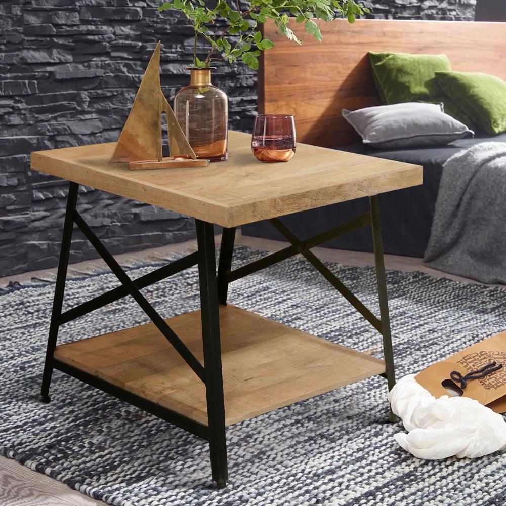 Rectangle Side Table with Open Bottom Shelf and Metal Legs, Brown and Gray - UPT-263593