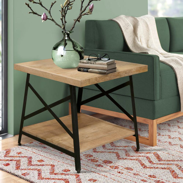 Rectangle Side Table with Open Bottom Shelf and Metal Legs, Brown and Gray - UPT-263593