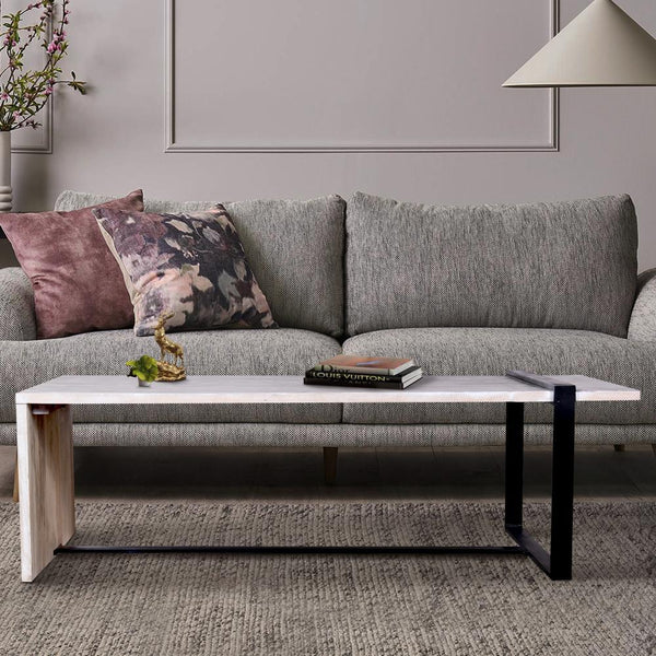 Farmhouse Rectangular Coffee Table with Wooden Top and Geometric Metal Frame, Gray and Black - UPT-263595