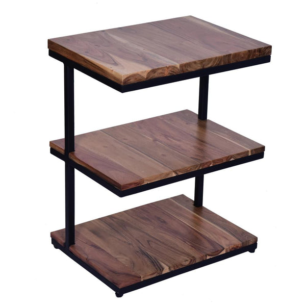 Industrial End Table with 3 Tier Wooden Shelves and Metal Frame, Brown and Black - UPT-263597