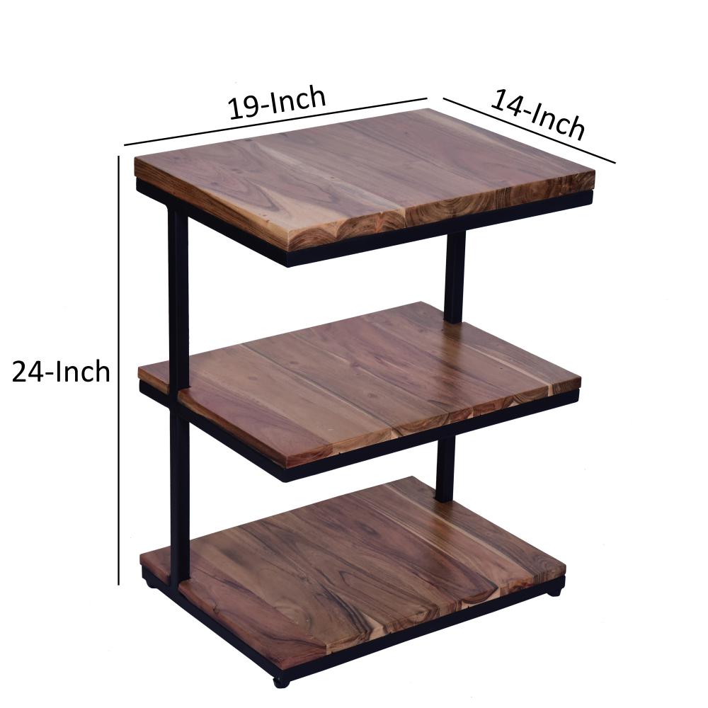 Industrial End Table with 3 Tier Wooden Shelves and Metal Frame, Brown and Black - UPT-263597