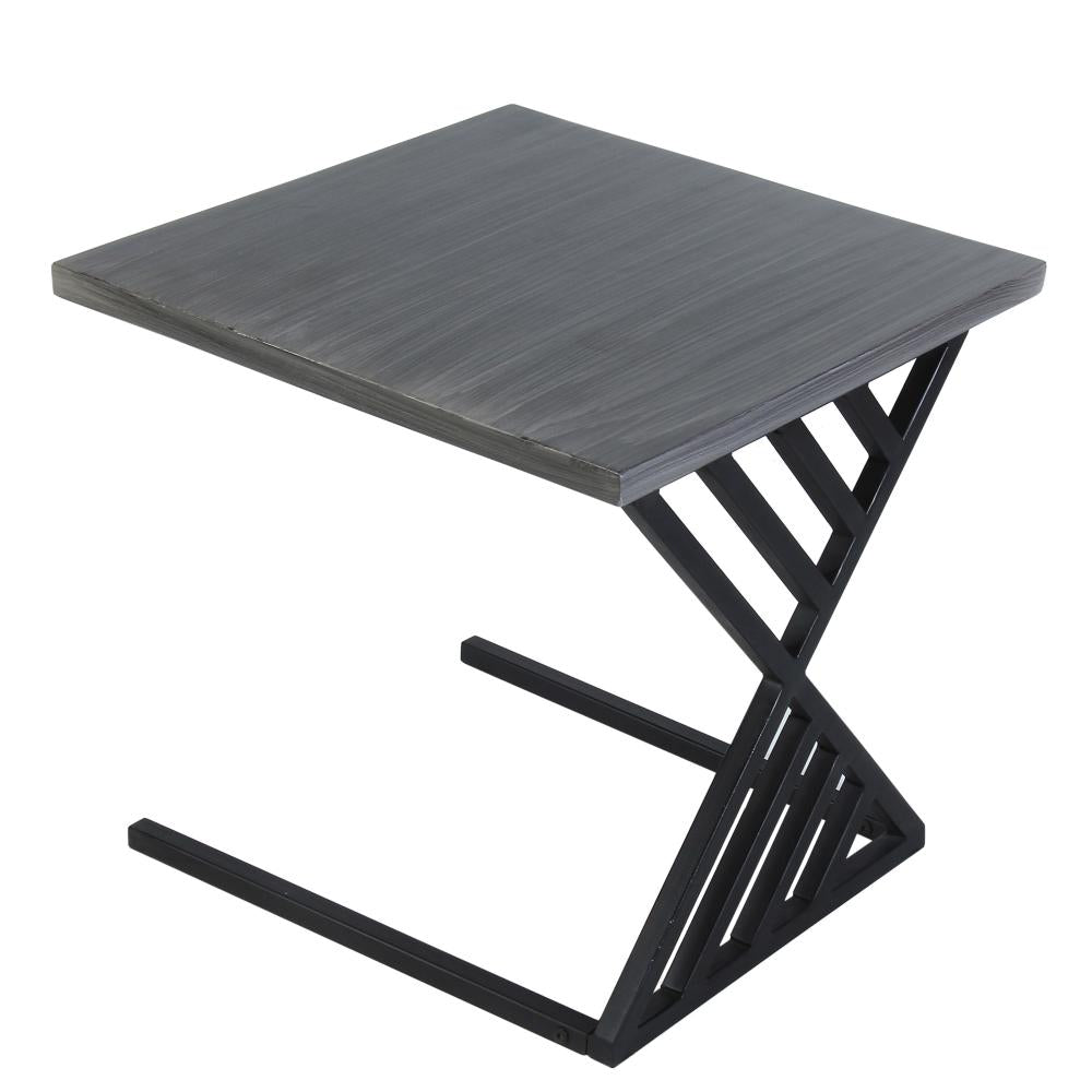 20 Inch Industrial Side End Table, Square Wood Top, C Shape Geometric Metal Frame, Gray, Black - UPT-263761