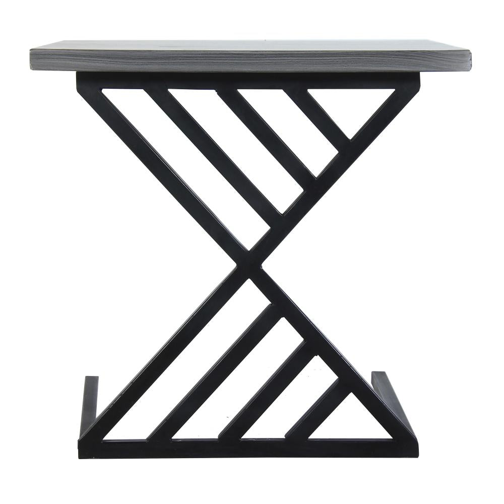 20 Inch Industrial Side End Table, Square Wood Top, C Shape Geometric Metal Frame, Gray, Black - UPT-263761