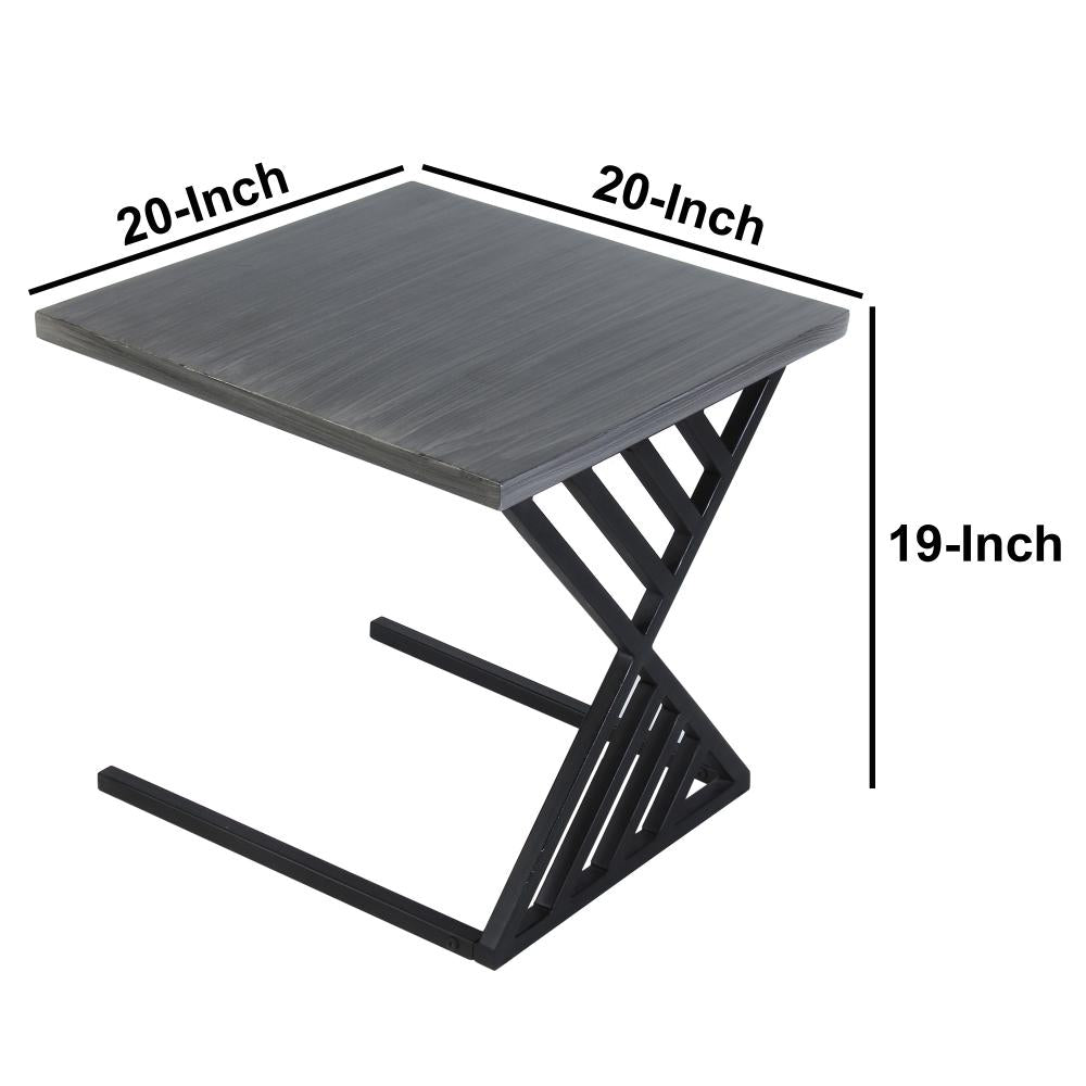 20 Inch Industrial Side End Table, Square Wood Top, C Shape Geometric Metal Frame, Gray, Black - UPT-263761