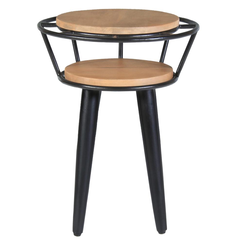 Industrial End Table with 2 Tier Round Wooden Shelving and Metal Frame, White Oak and Black - UPT-263764