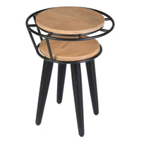 Industrial End Table with 2 Tier Round Wooden Shelving and Metal Frame, White Oak and Black - UPT-263764