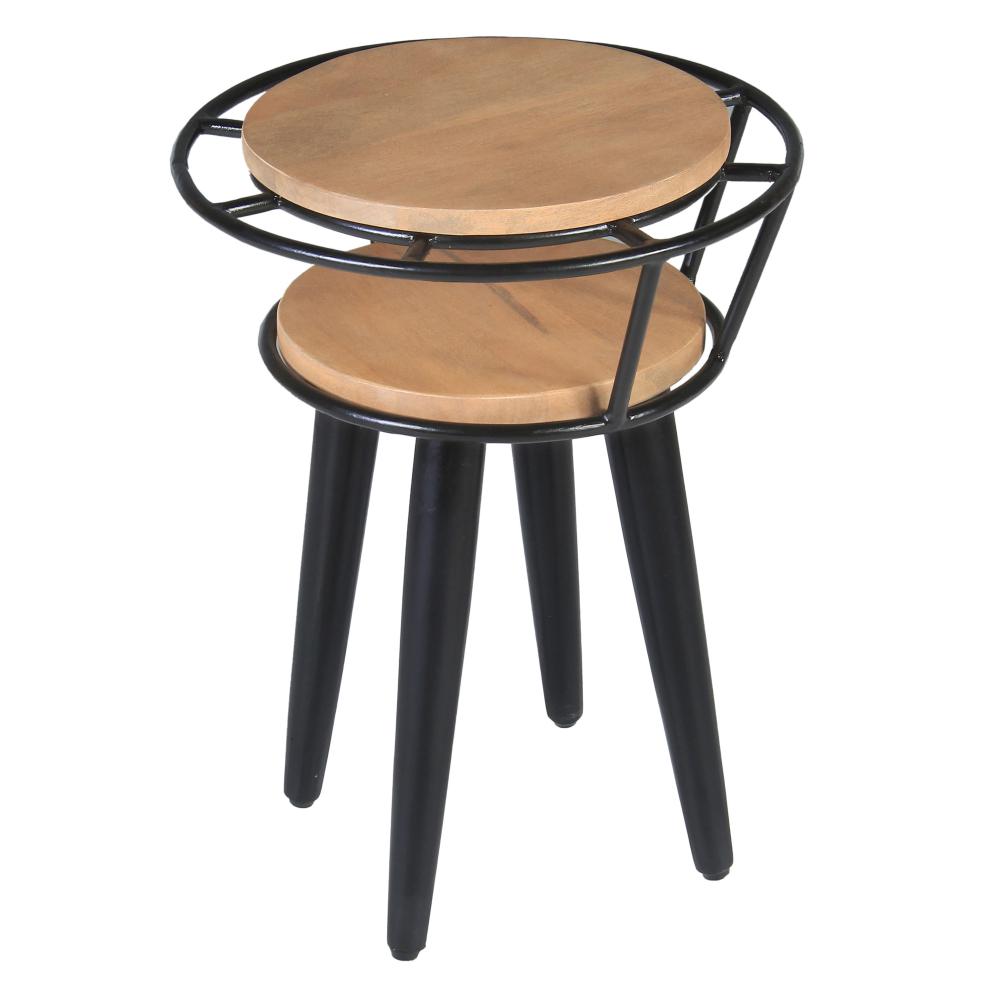 Industrial End Table with 2 Tier Round Wooden Shelving and Metal Frame, White Oak and Black - UPT-263764